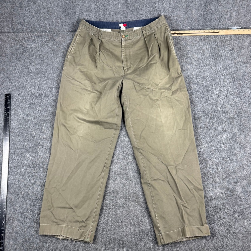 Tommy Hilfiger Pants Mens Size 38 Olive Green Pleated Cotton Chino Distressed